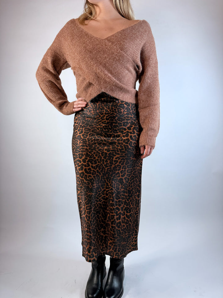 Sable Sateen Leopard Midi Skirt