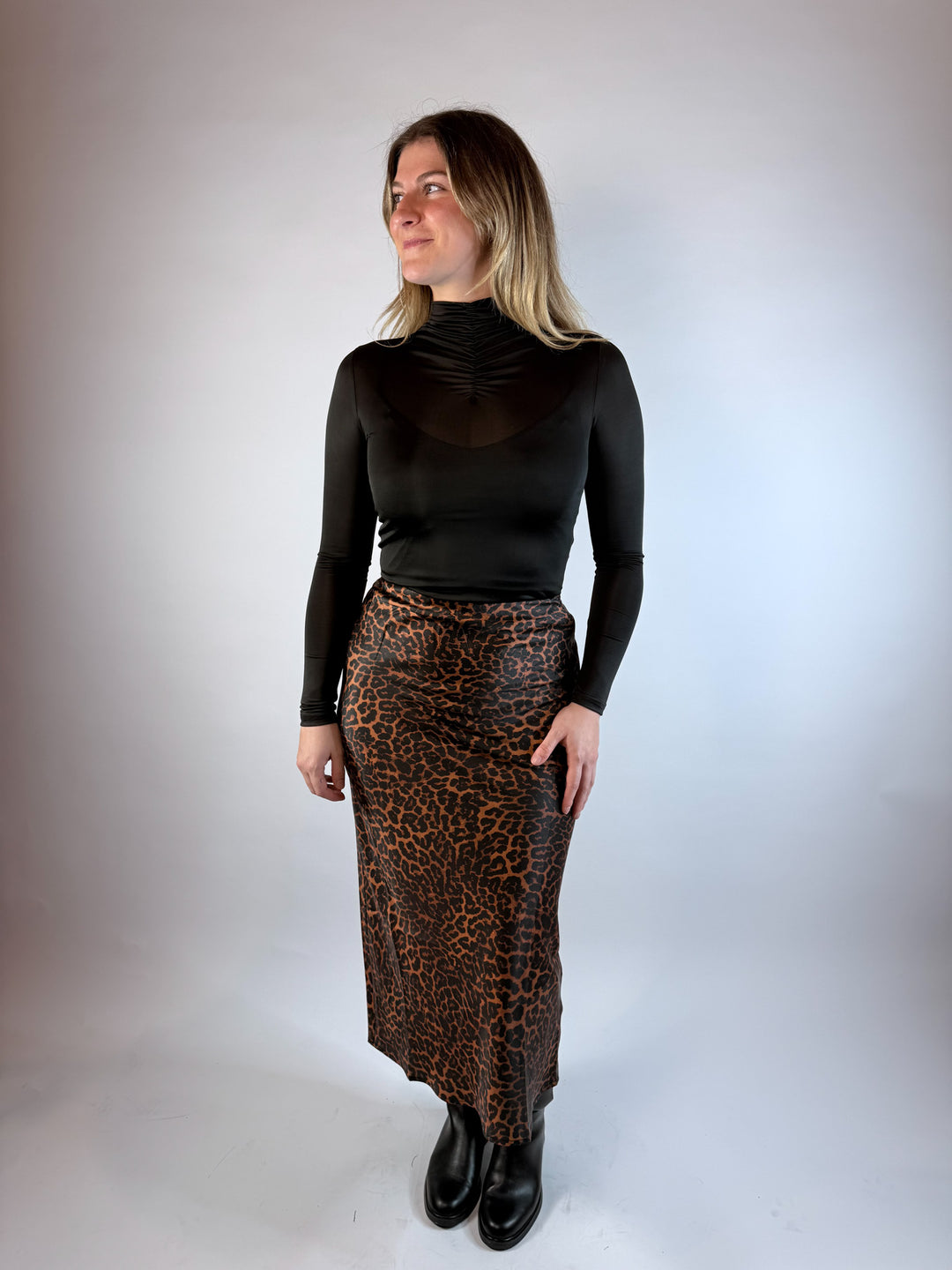 Sable Sateen Leopard Midi Skirt