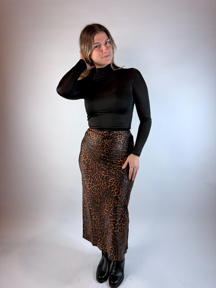 Sable Sateen Leopard Midi Skirt