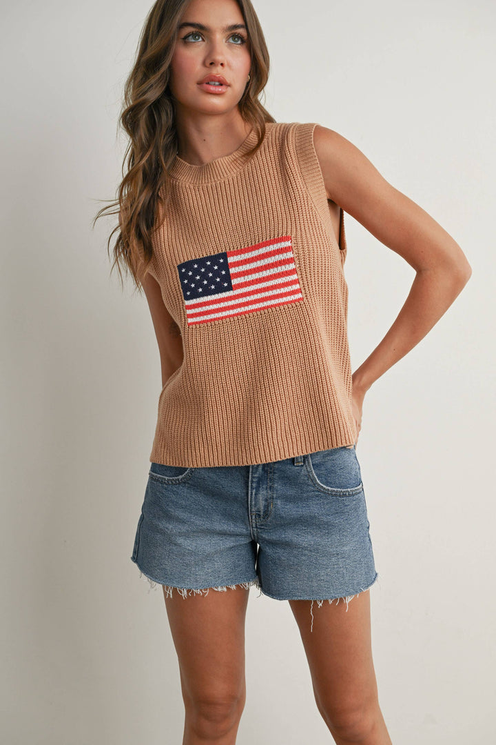 Liberty Flag Sleeveless Sweater - Taupe