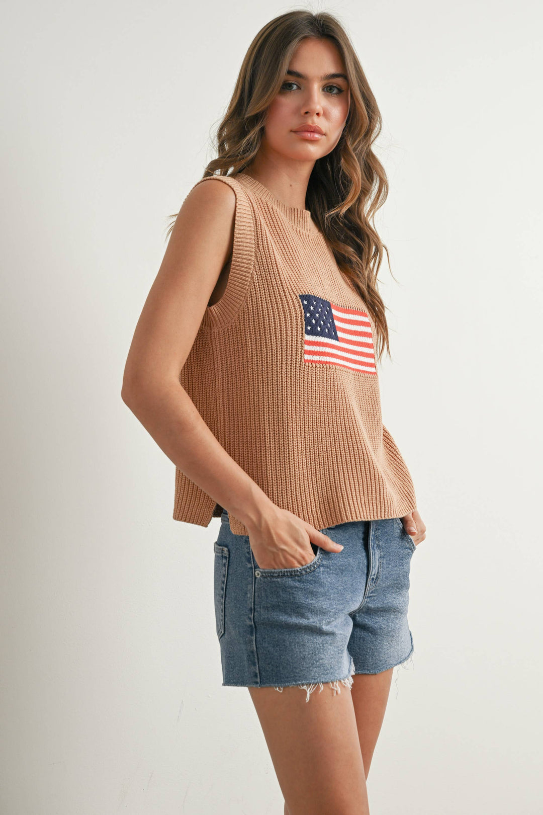 Liberty Flag Sleeveless Sweater - Taupe