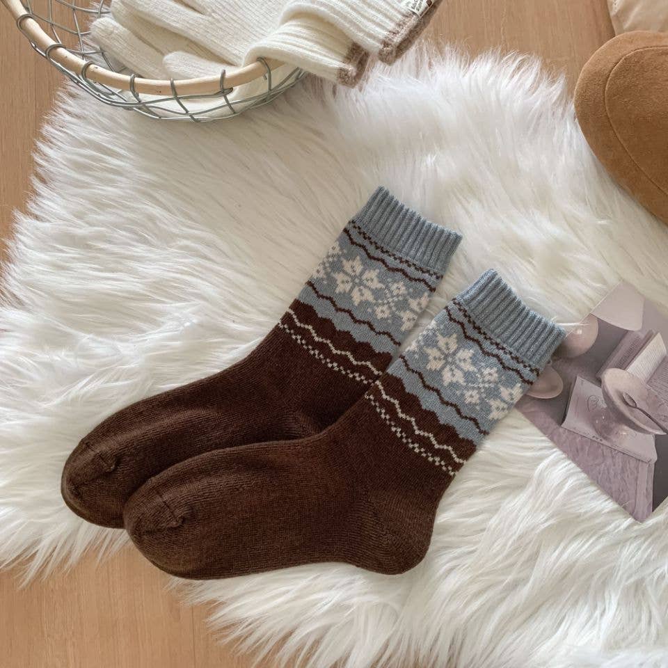 Fair Isle Knit Thermal Crew Socks-  Coffee