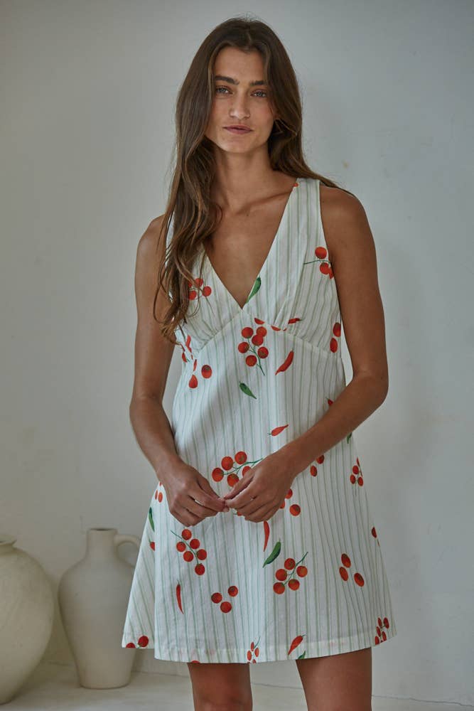 Pomodoro Cotton Striped Veggie Print Dress