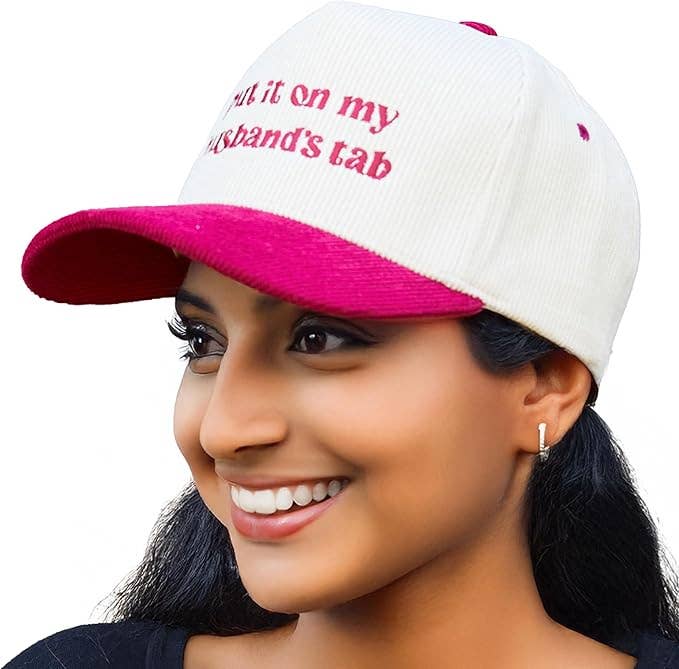 Put It on My Husbands Tab Corduroy Hat - Red/Beige