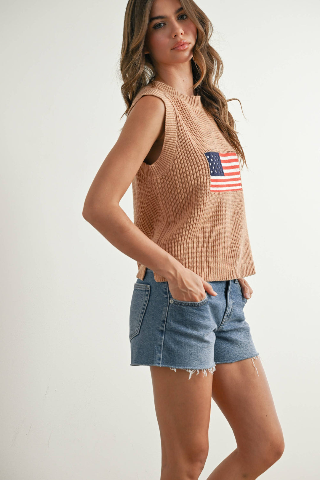 Liberty Flag Sleeveless Sweater - Taupe