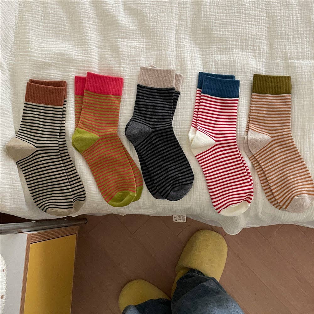 Striped Slouch Crew Socks - Khaki