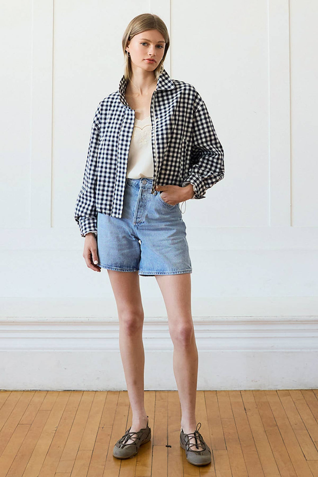 Gingham Funnel Neck Jacket