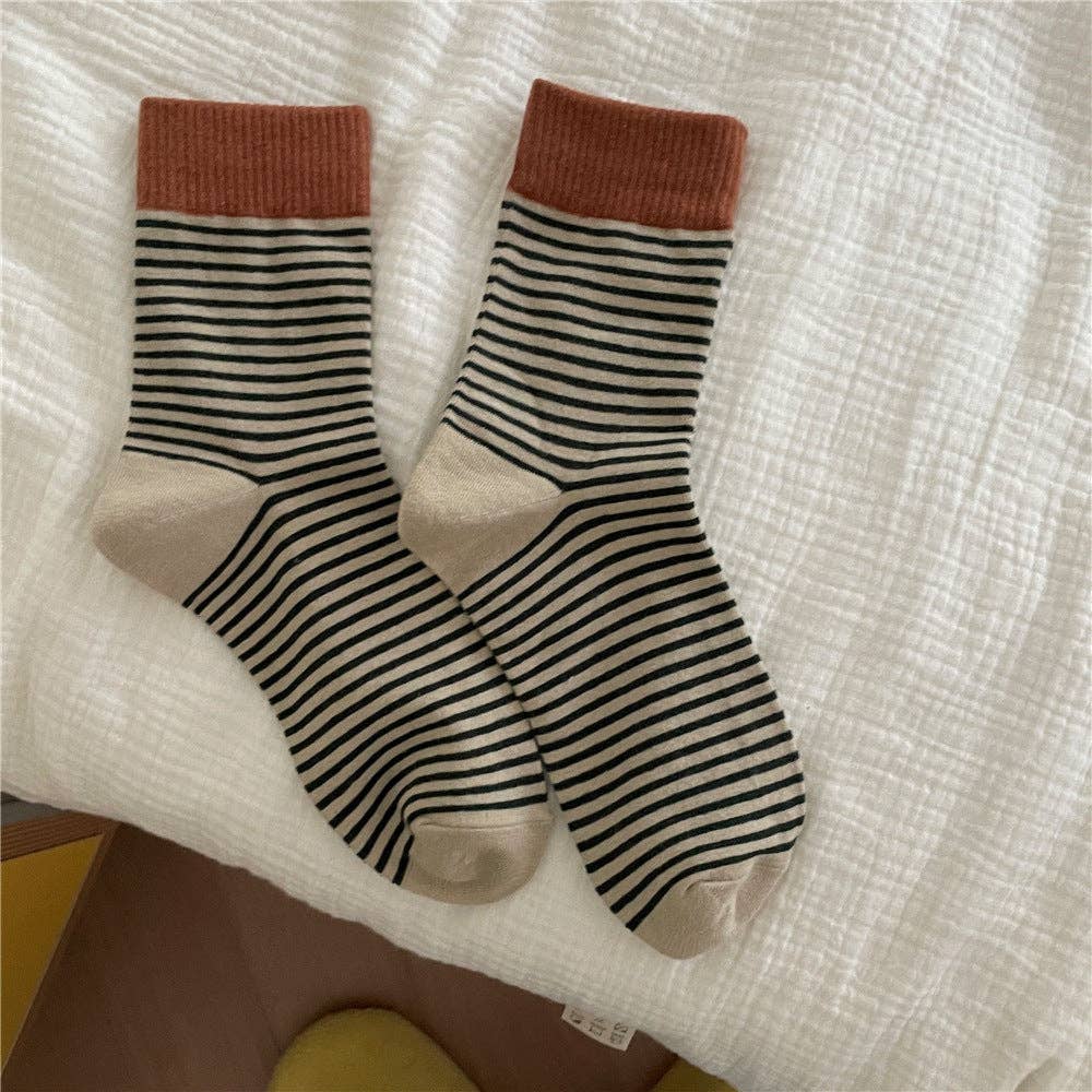 Striped Slouch Crew Socks - Khaki