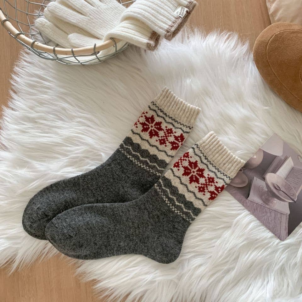 Fair Isle Knit Thermal Crew Socks - Dark grey