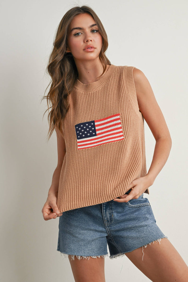 Liberty Flag Sleeveless Sweater - Taupe