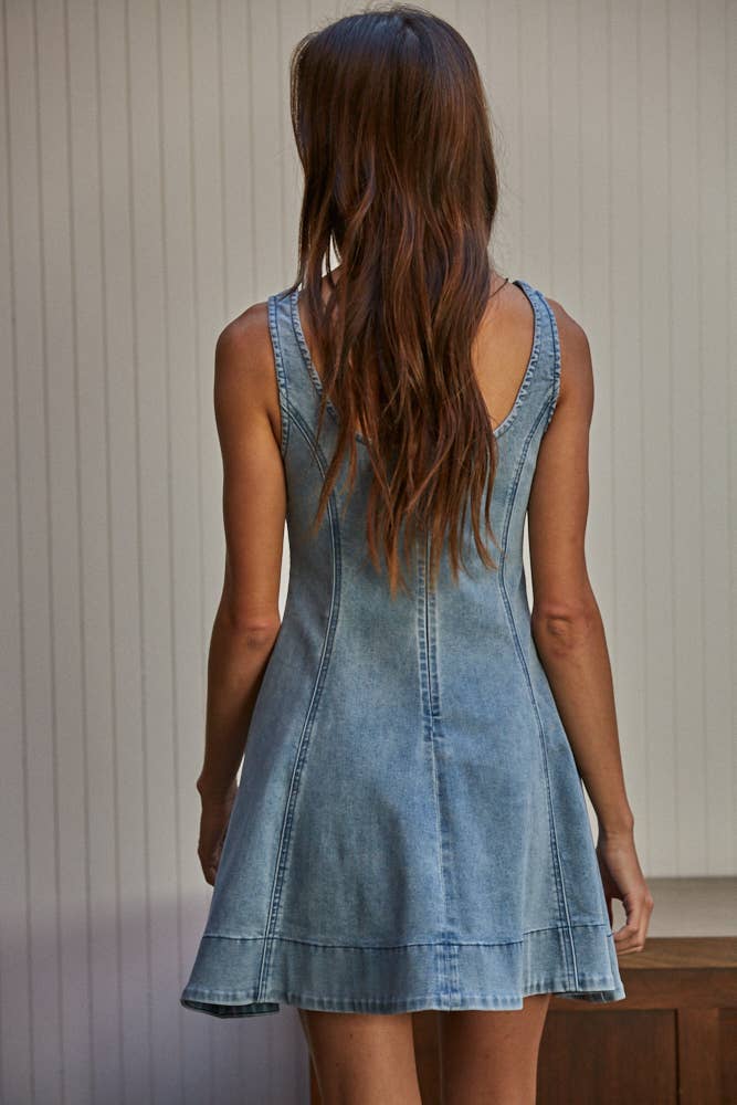 Olive Denim Flare Mini Dress