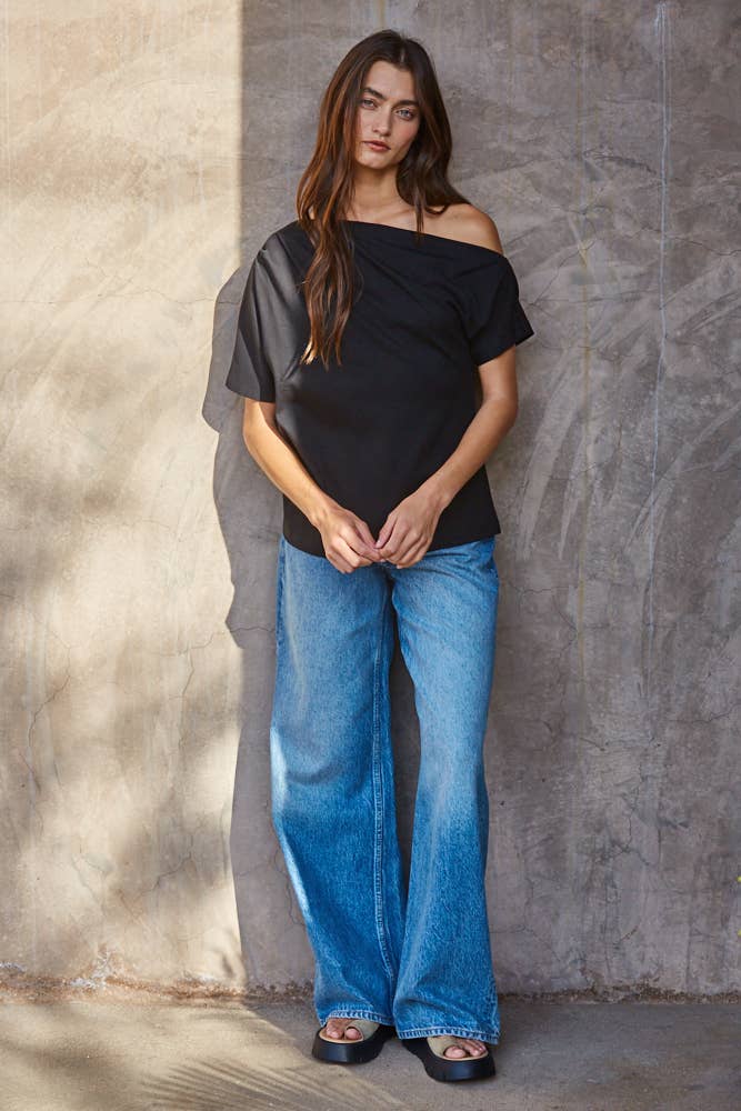 Fanning Off Shoulder Pintuck Tee