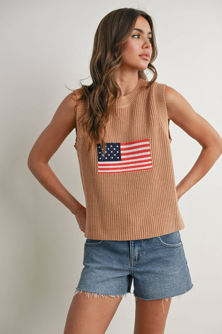 Liberty Flag Sleeveless Sweater - Taupe