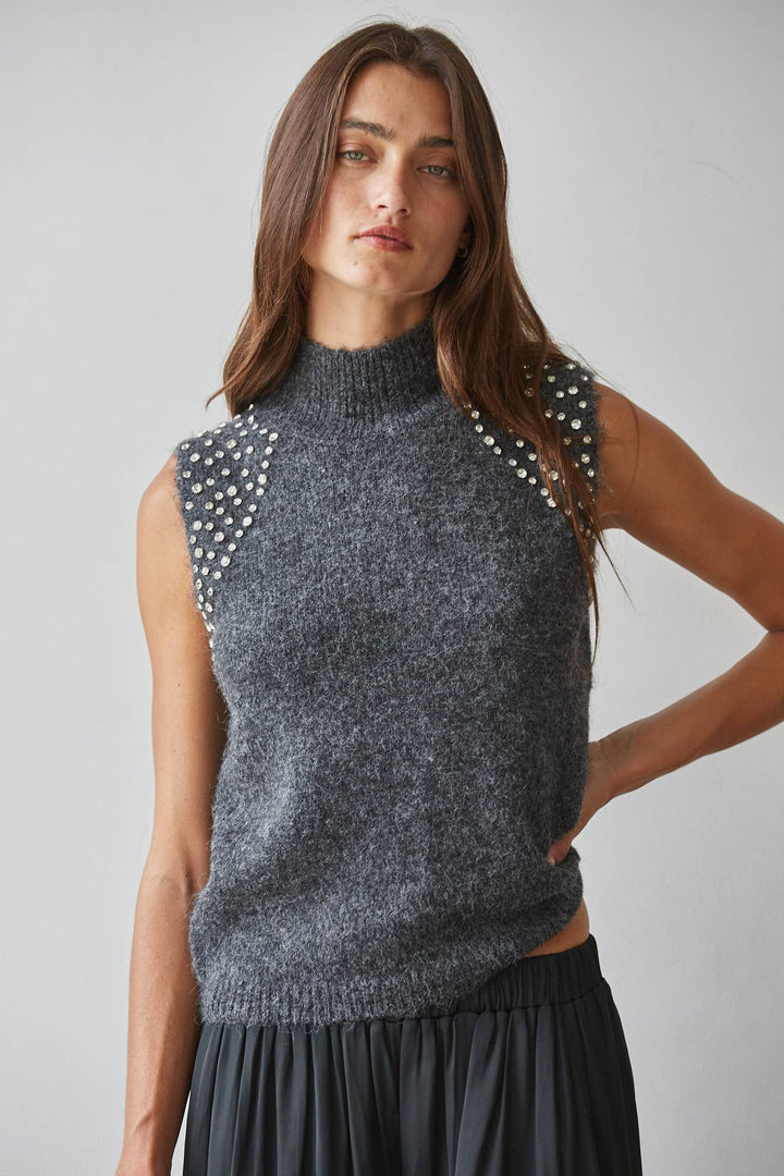Carissa Sleeveless Mockneck with Rhinestone Detail