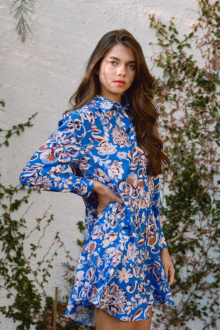 Blue Botanical Shirt Dress