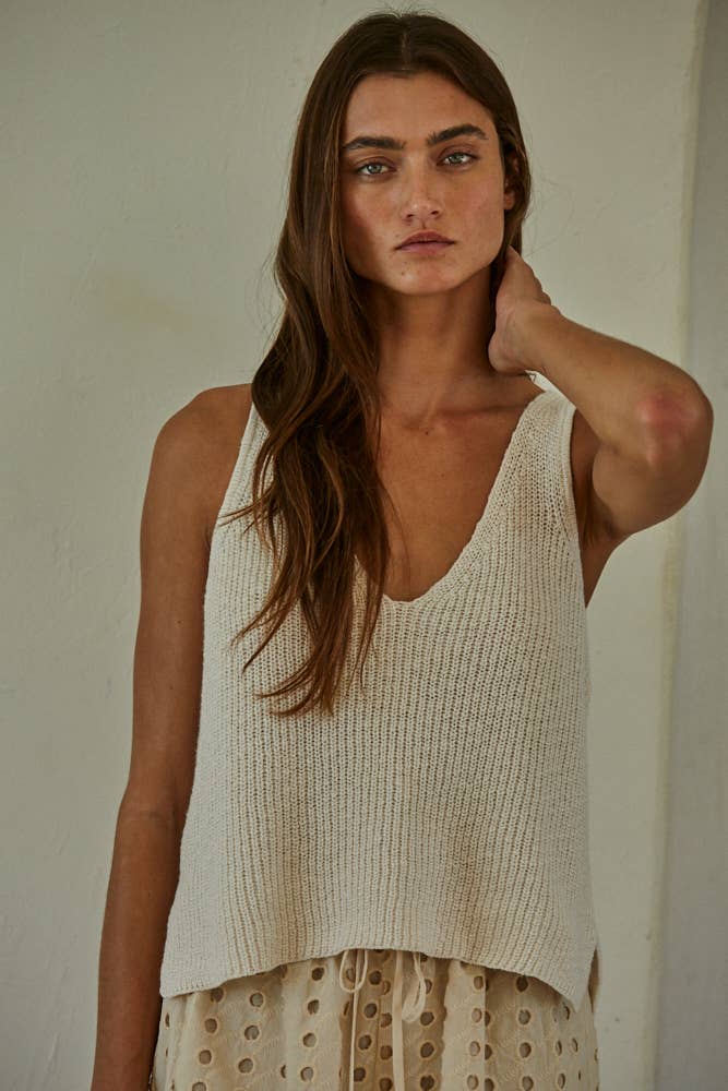 Katrina Cotton V-Neck Knit Tank - Ivory