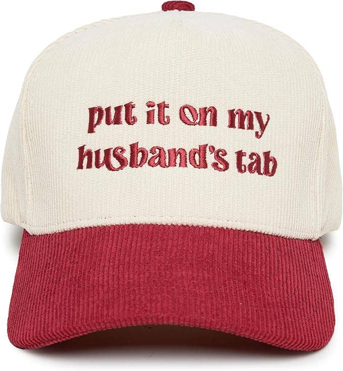 Put It on My Husbands Tab Corduroy Hat - Red/Beige
