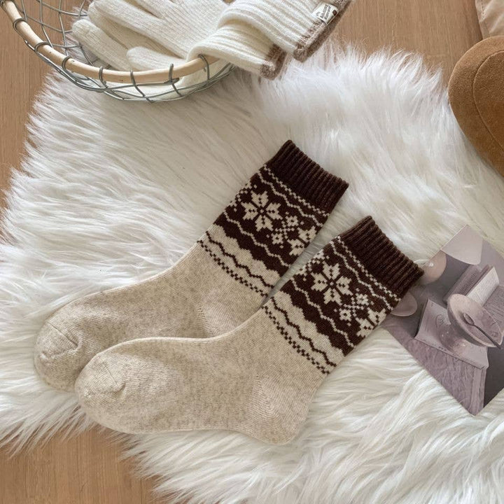 Fair Isle Knit Thermal Crew Socks - Ivory