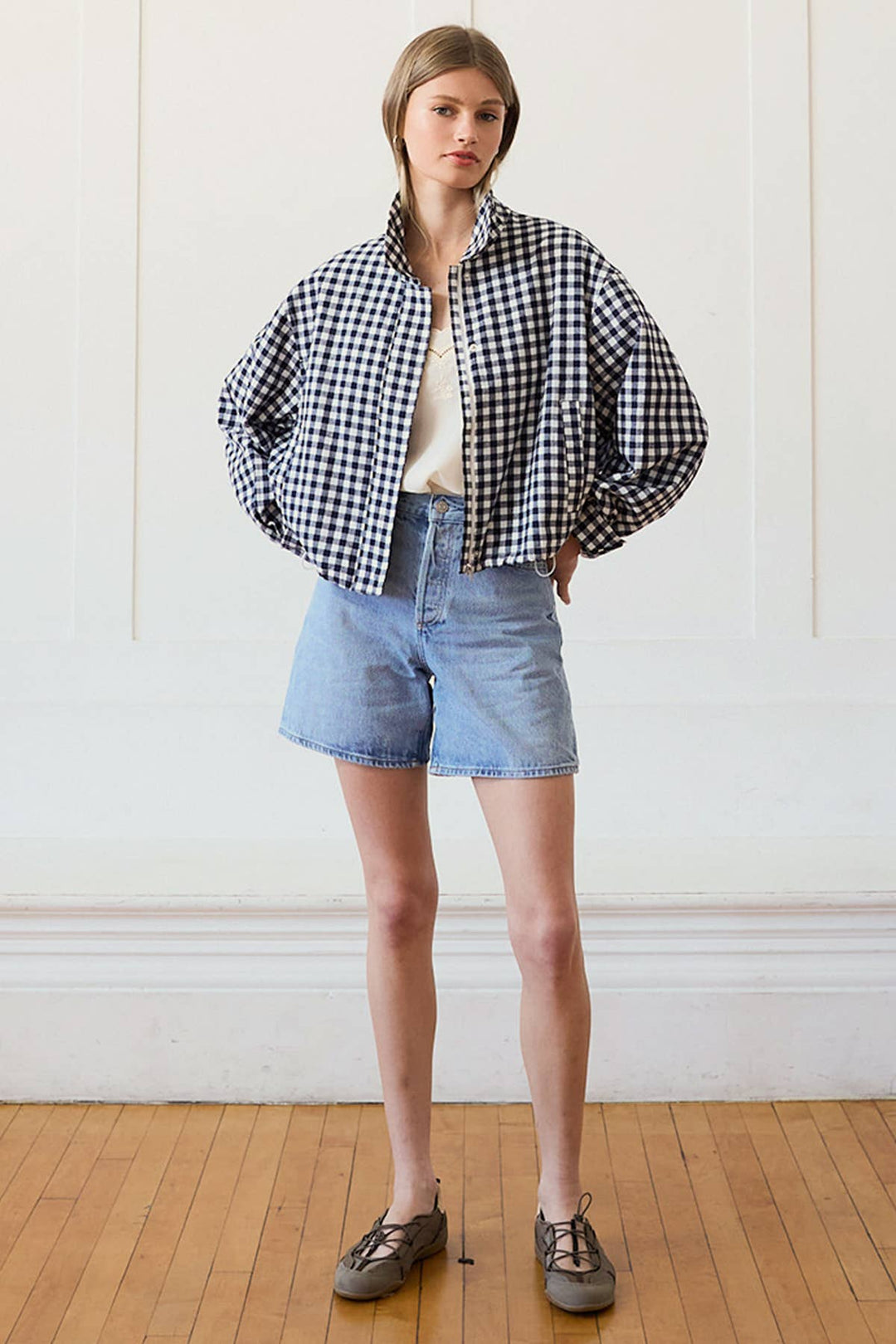 Gingham Funnel Neck Jacket