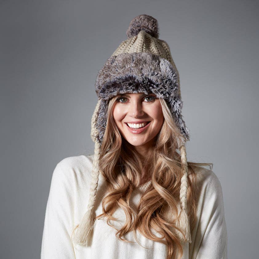 Knitted  Fur Trapper Hat - Beige