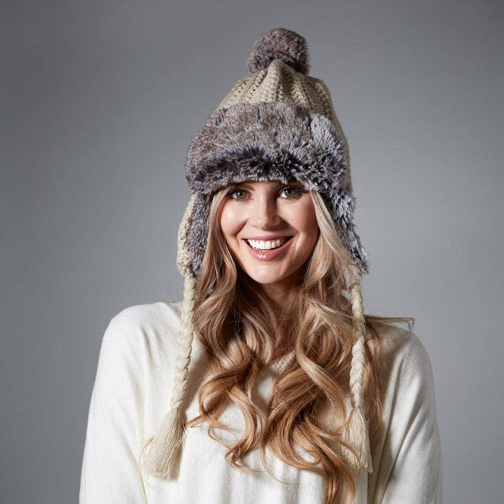 Knitted  Fur Trapper Hat - Beige