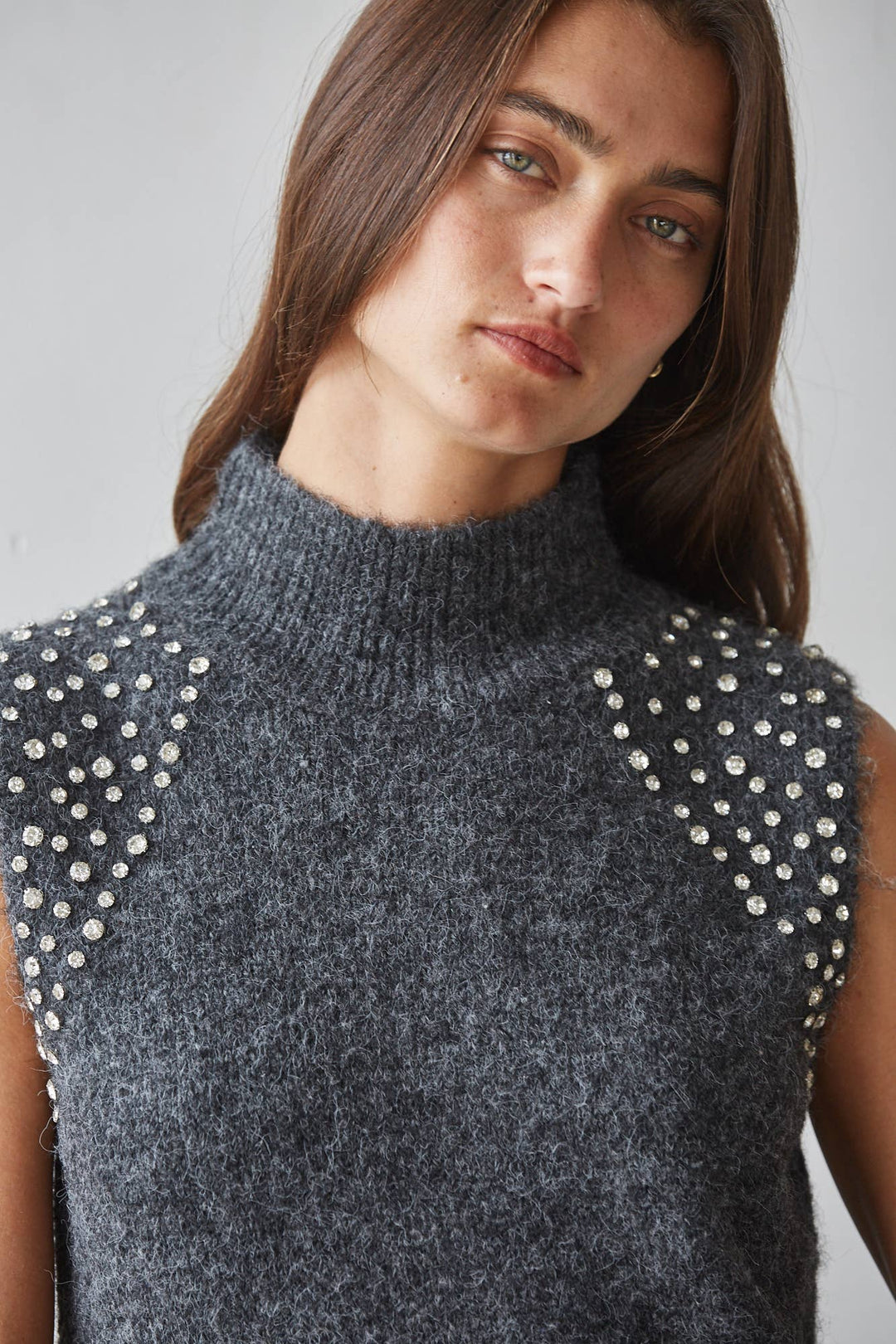 Carissa Sleeveless Mockneck with Rhinestone Detail