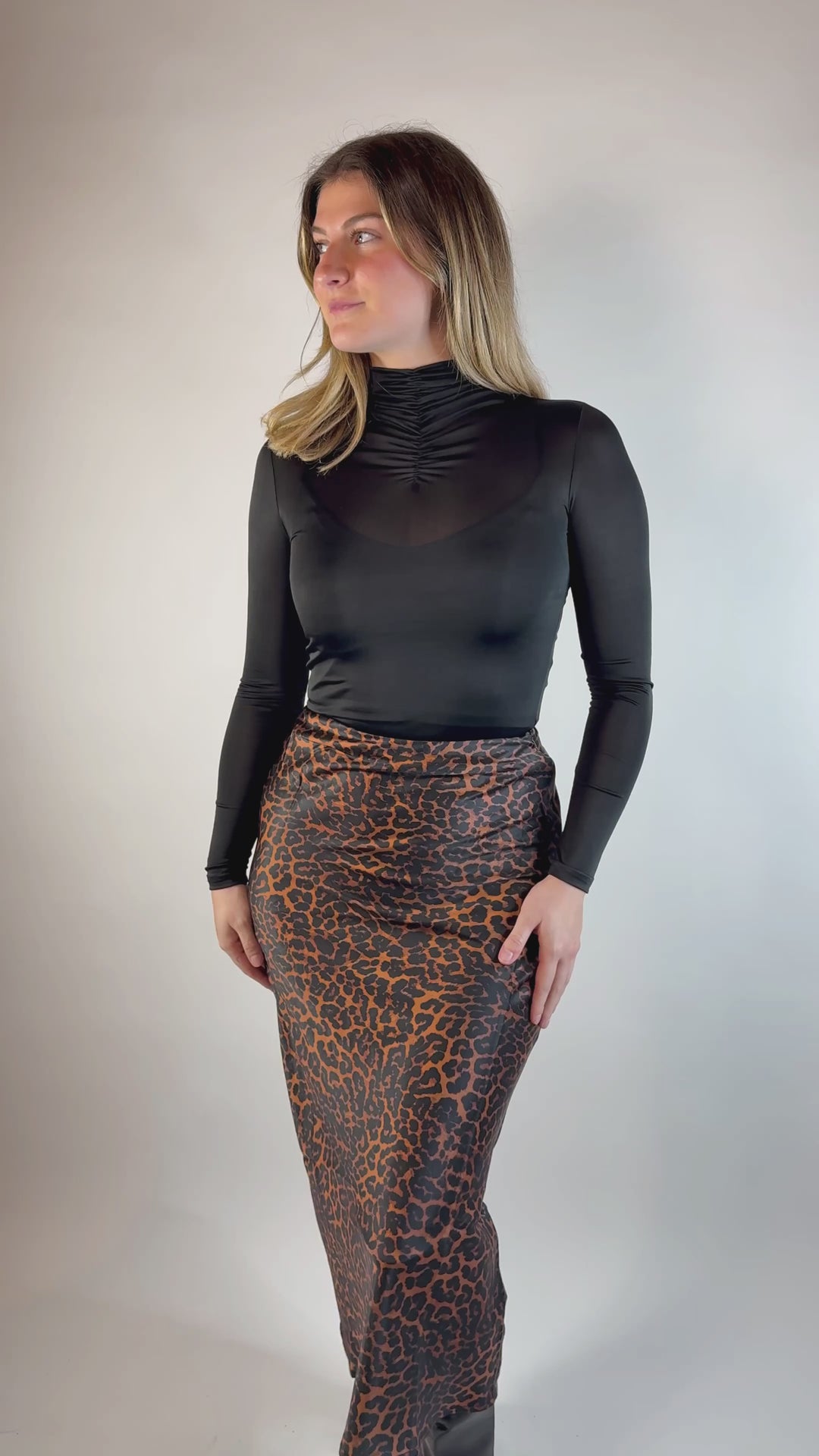 Sable Sateen Leopard Midi Skirt